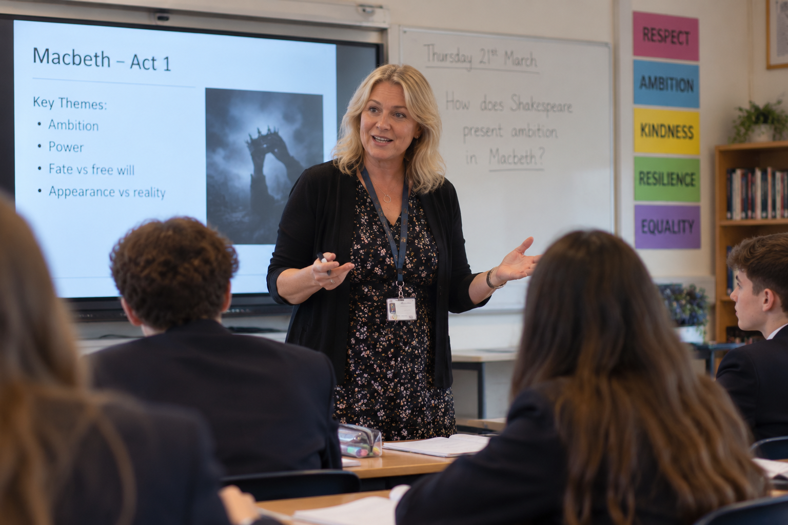 A teacher at the front of a busy primary classroom